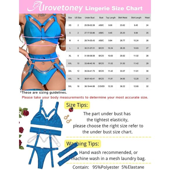 Women Sky Blue Naughty 5 Pieces Garter Belt Bodydoll Lingerie Set With Chain - Picture 6 of 6
